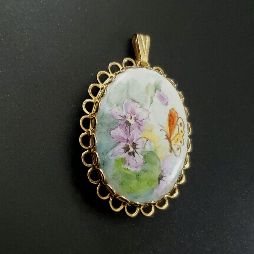 OOAK‎ ANTIQUE HANDPAINTED PORCELAIN PENDANT BROOCH PIN  1.75 x 1.3/8" INCHES - Picture 6 of 9